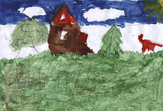 Ради развлечения девочка нарисовала дом в поле